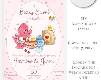 Care Bears Baby Shower Invitation Template, DIY Canva (Digital Download)