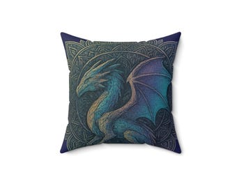 Dark Blue LB Wrapped Dragon Mandala Faux Suede Square Pillow