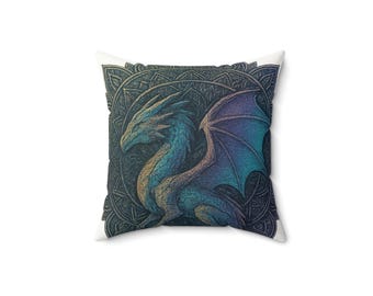 White LB Wrapped Dragon Mandala Faux Suede Square Pillow