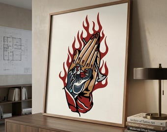 Praying Hands Tattoo Flash Art Print – Old School Ink Drawing