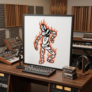 May include: A framed square print featuring a stylized white figure composed of stacked circular shapes, each containing a central eye, surrounded by orange flames. The artwork is displayed on a wooden desk in a music studio setting.