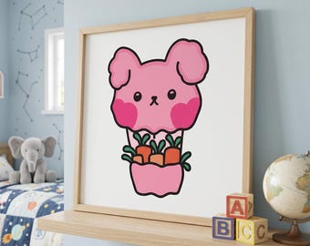 May include: A square framed wall art print featuring a cartoon illustration of a pink dog-like creature with dark pink cheeks, holding a basket filled with orange carrots with green leafy tops, set against a plain white background.