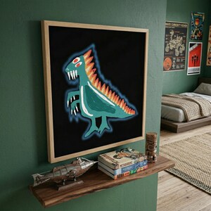 May include: A framed artwork featuring a teal dinosaur illustration with orange and red accents against a black background. The artwork is mounted on a wooden frame. The image is displayed on a green wall, with a wooden shelf below.