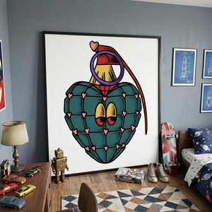 May include: A large framed wall art print featuring a stylized illustration of a heart-shaped hand grenade in dark teal with small pink hearts at each grid intersection, a red top, a purple ring, and two sleepy eyes with red eyelids.