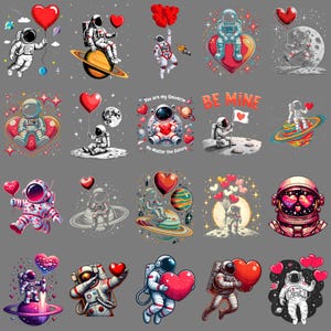 May include: A selection of vibrant illustrations showcasing astronauts with hearts, planets, and space-related imagery. The designs feature astronauts holding balloons, seated on planets, and surrounded by hearts, ideal for Valentine's Day.