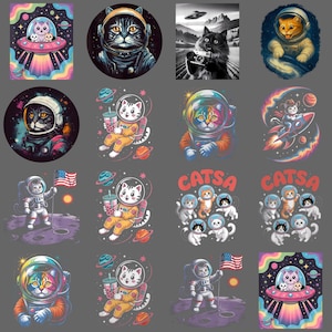 May include: A collection of colorful, cartoon-style illustrations featuring cats in space-themed settings. The images include cats in astronaut suits, on the moon, and in a UFO, with planets and stars in the background. Some images have the word "CATSA".