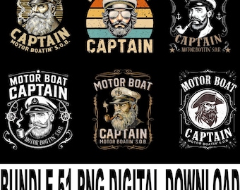 May include: A collection of six digital designs featuring a bearded motor boat captain wearing a captain's hat and smoking a pipe. The designs include the text "MOTOR BOAT CAPTAIN" and "MOTOR BOATIN' S.O.B." The bottom of the image reads "BUNDLE 51 PNG DIGITAL DOWNLOAD."