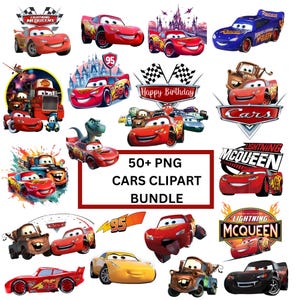 Puede incluir: Una colección de imágenes prediseñadas PNG coloridas con personajes y logotipos de la película animada "Cars". Las imágenes incluyen a Rayo McQueen, Mate y otros personajes, junto con el texto "50+ PNG CARS CLIPART BUNDLE."