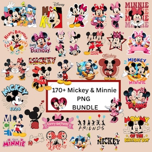 May include: A collection of Mickey Mouse and Minnie Mouse PNG images. The images include various poses, birthday themes, and text such as "Happy Birthday" and "Friends". The images are in a variety of colors, including red, black, and pink.