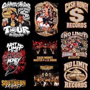 May include: A collection of graphic designs featuring Cash Money and No Limit Records branding, including images of artists, tanks, diamond-encrusted dollar signs, microphones, and tour text like The Southern Legacy Tour on a black background.
