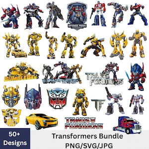 May include: A collection of Transformers designs in various poses and styles. The image includes Optimus Prime, Bumblebee, and other characters, along with the Transformers logo. The text "Transformers Bundle PNG/SVG/JPG" is also present.