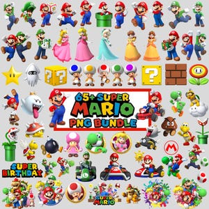 May include: A collection of colorful Super Mario PNG images, including Mario, Luigi, Princess Peach, and other characters. The text "65+ SUPER MARIO PNG BUNDLE" is displayed prominently.