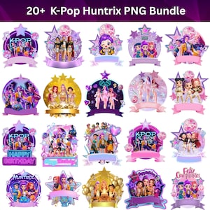 May include: A selection of vibrant K-Pop-themed PNG graphics. Each design incorporates a star-shaped frame, a disco ball, and a banner. Some designs include text such as "Happy Birthday" and "K-Pop League". The graphics feature illustrations of various K-Pop groups.