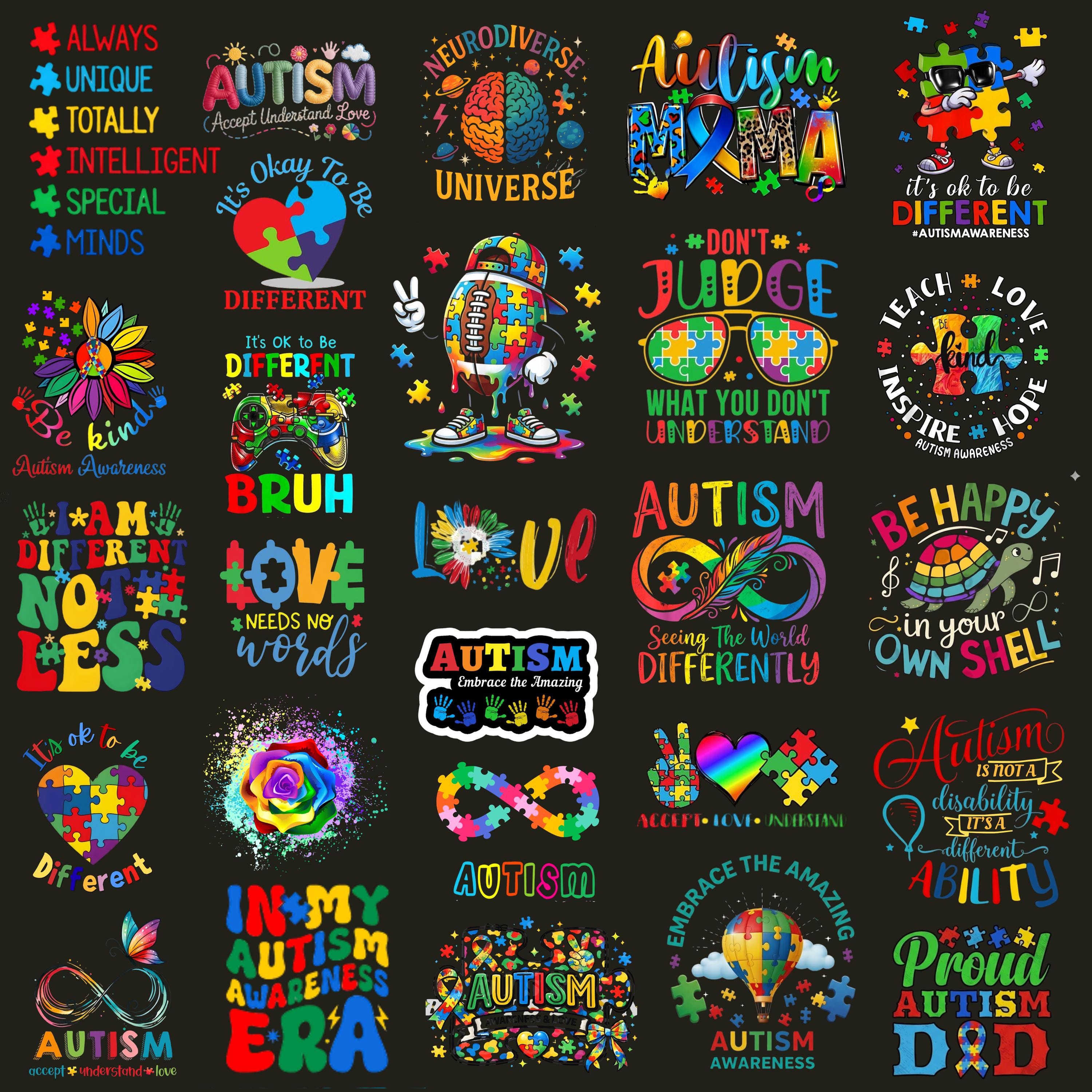 Autism Awareness PNG Bundle, Neurodiversity Art, Puzzle Ribbon Designs ...