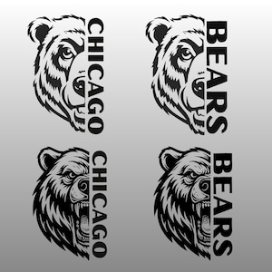 May include: Four black and white illustrations of a bear's head. Two images have the text "CHICAGO" vertically on the left. The other two images have the text "BEARS" vertically on the right. The bear's mouth is open in two of the images.