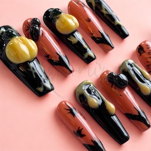 Haunted Harvest | Halloween Press On Nails | Pumpkin Nail Art | Fall Leaves Nails | Spooky Drip Nails | Handmade Gel Press Ons