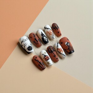 Scare Season Press On Nails | Halloween Pumpkin Reaper Nails | Orange & White Spooky Nails | Matte Stitched Nails | Handmade Reusable