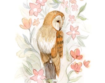Watercolor Barn Owl Giclée Print: 5x7 Woodland Art Painting