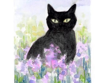Watercolor Black Cat Giclée Print: 4x6 Floral Art Painting