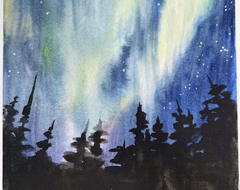 Watercolor Aurora Giclée Print: 5x7 Northern Lights Forest Art Painting