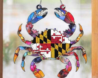 Maryland State Flag Maryland Crab Acrylic Suncatcher, Personalized Gifts Acrylic Suncatcher, Gifts For Family, Window Hanging