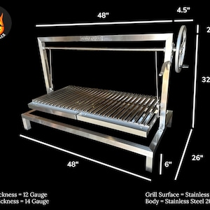 May include: A stainless steel Argentine-style grill with a 48-inch width, 26-inch depth, and 32-inch height. It features a hand-crank wheel, a 12-gauge grill surface, and a 14-gauge body. The grill surface is 304 stainless steel and the body is 201 stainless steel.