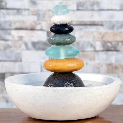 Natural Septuple Rock Cairn Water Fountain With Glass Natural Septuple Rock Cairn Water, Garden Age Supply Habini