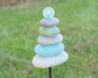 River Rock and Recycled Glass Harmony Cairn Garden Stake