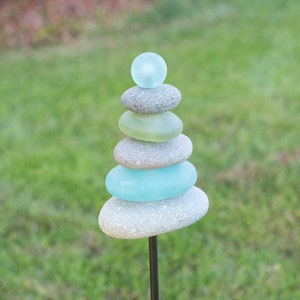 River Rock and Recycled Glass Harmony Cairn Garden Stake