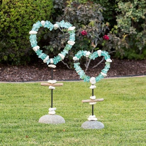 Glass Heart and Stone Garden Stand with Driftwood and River Stone Base