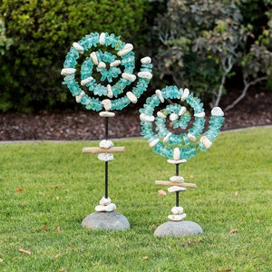 Recycled Glass SPIRAL Garden Stand with Driftwood and River stone Base