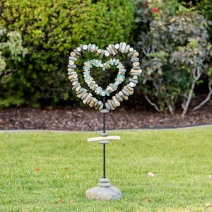 Handmade Double Heart-Shaped Stone, Glass and Wood Garden Stands