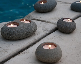 Natural Beach Pebble Tea Light Candle Holder Stone Candle Holder Single Double