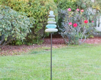 River Rock and Recycled Glass Harmony Cairn Garden Stake