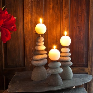 Rock Cairn Candle Holder Natural River Stone Sculpture Stacked Stone Balanced