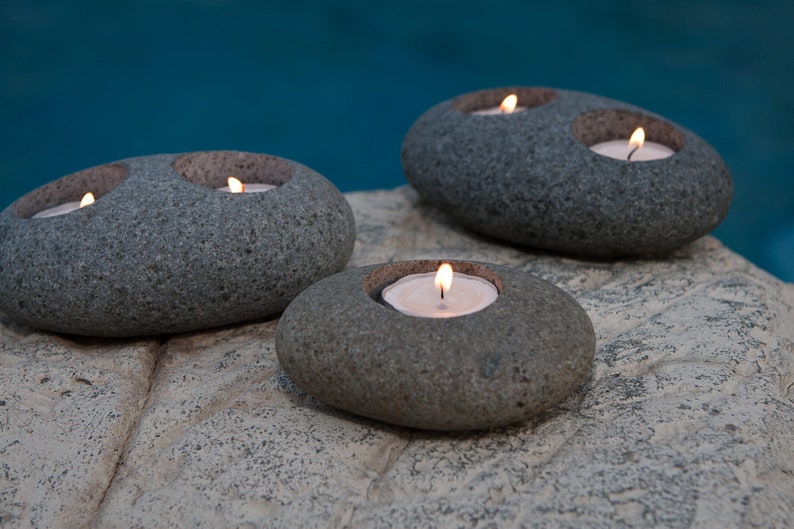 Natural Beach Pebble Tea Light Candle Holder Stone Candle Holder Single Double image 3