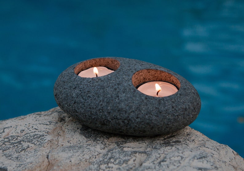 Natural Beach Pebble Tea Light Candle Holder Stone Candle Etsy