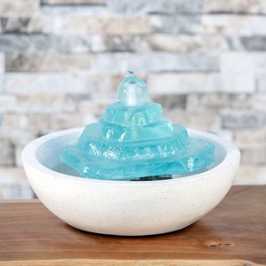 Recycled Glass Stones Tower Stacked Water Fountain Table Top Indoor Fountain Aqua Color