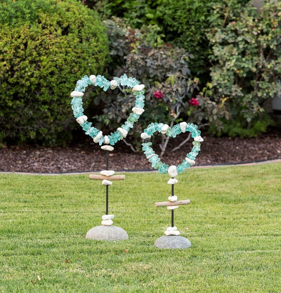 Recycled Glass Heart Garden Stand With Driftwood And River Recycled Glass Heart Garden Stand With, Garden Age Supply Habini