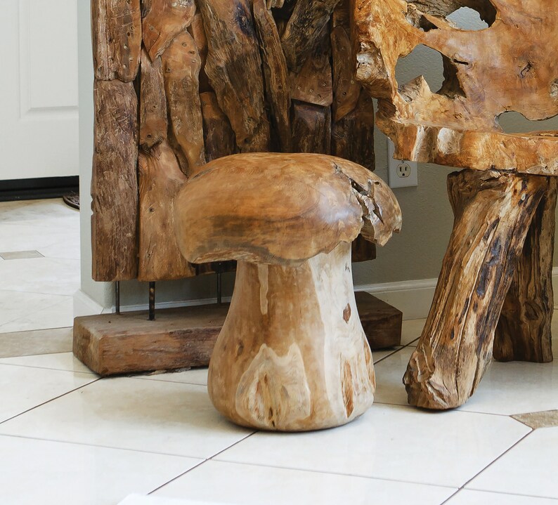 Reclaimed Teak Root Mushroom Stool Natural Wood Stool Chair Home & Garden Decor Medium - 18"H