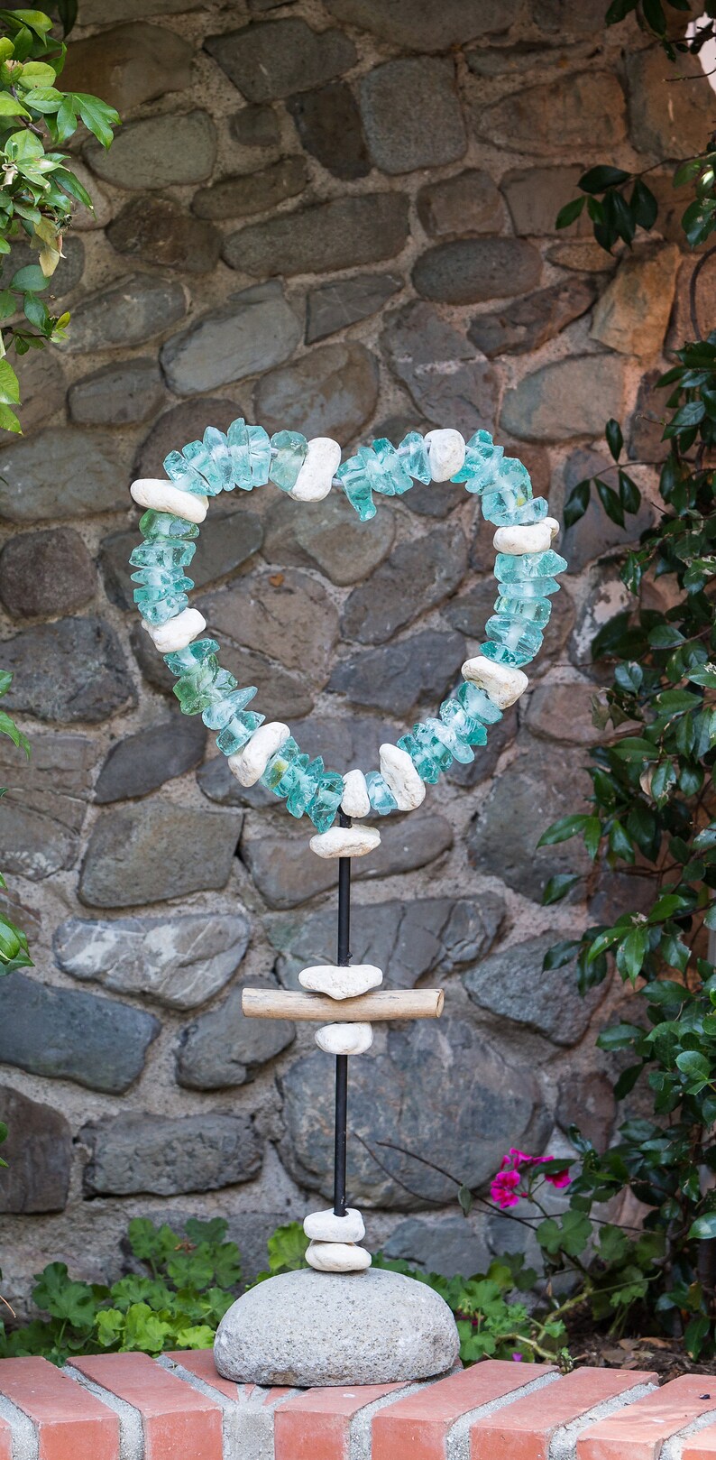 Recycled Glass Heart Garden Stand With Driftwood and River Etsy