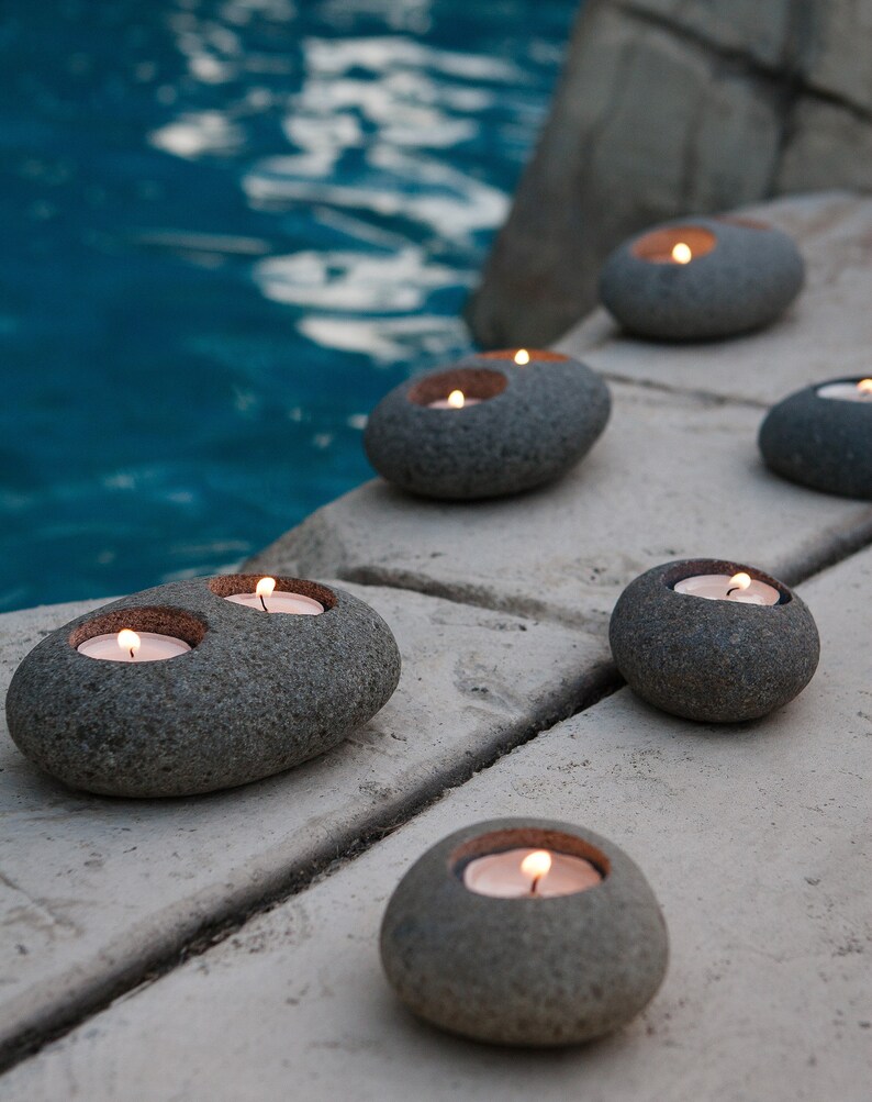 Natural Beach Pebble Tea Light Candle Holder Stone Candle Holder Single Double image 1