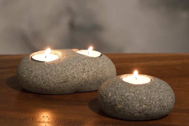 Natural Beach Pebble Tea Light Candle Holder Stone Candle Holder Single Double image 6