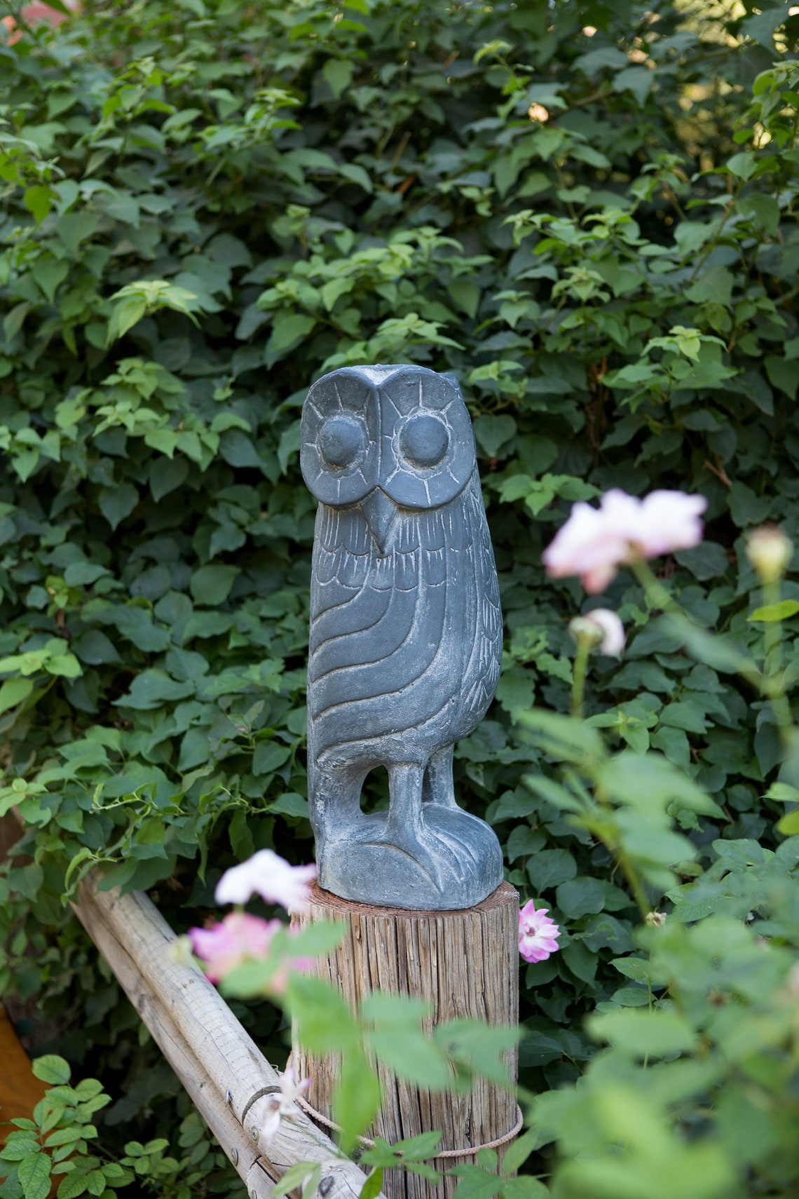 Standing Solid Stone Owl Statue Made From Fiber Cement Lawn Etsy