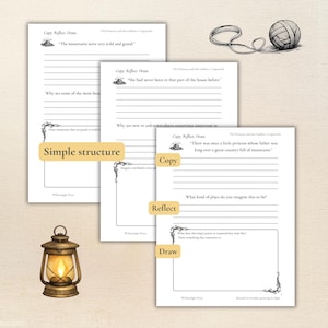 May include: A stack of three white paper pages with text and lines, labeled "Copy, Reflect, Draw." A vintage-style lantern with a lit flame sits in the lower left corner. A ball of yarn and a string are in the upper right.