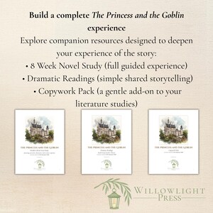 May include: Three book covers with watercolor illustrations of a castle, titled "The Princess and the Goblin." Text above reads "Build a complete The Princess and the Goblin experience." Below are descriptions of study resources.