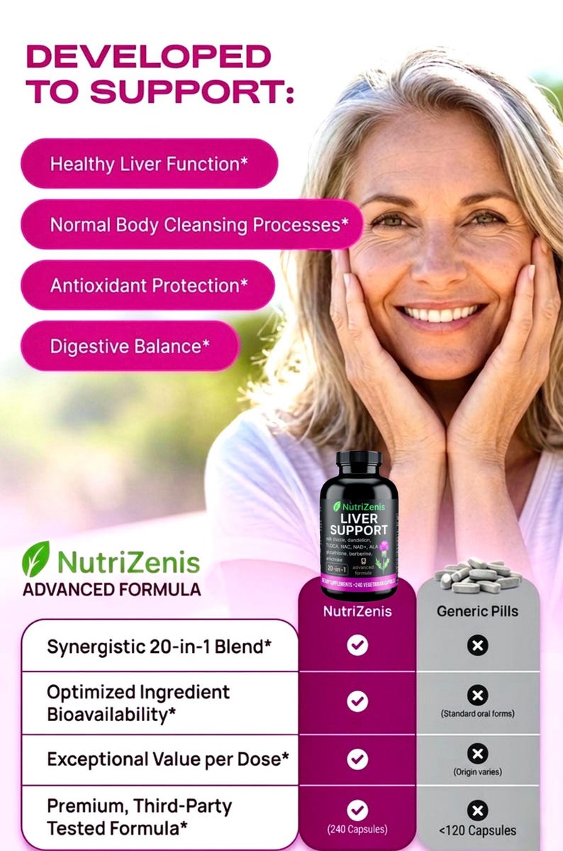May include: Image of a woman smiling, with text that reads "Developed to Support: Healthy Liver Function, Normal Body Cleansing Processes, Antioxidant Protection, Digestive Balance." A bottle of NutriZenis Liver Support is displayed, along with a comparison to generic pills.