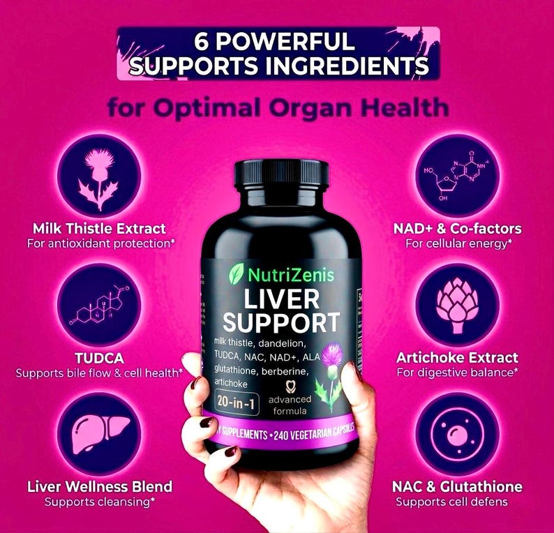 May include: A black bottle of NutriZenis Liver Support supplements, held against a pink background. The label highlights 6 powerful ingredients for optimal organ health, including milk thistle and artichoke extract. The bottle contains 240 vegetarian capsules.