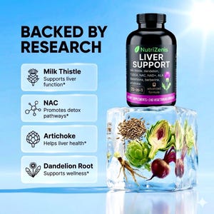 May include: A black bottle of NutriZenis Liver Support supplements with a 20-in-1 advanced formula. The image includes illustrations of milk thistle, dandelion, artichoke, and dandelion root, along with the text "Backed by Research."