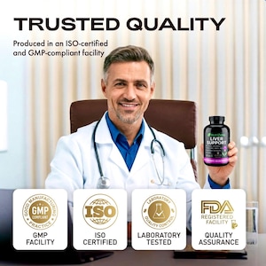 May include: Image features a smiling doctor holding a bottle of "Liver Support" supplements. The text reads "Trusted Quality" and highlights GMP, ISO, and FDA certifications. The product is produced in an ISO-certified and GMP-compliant facility.